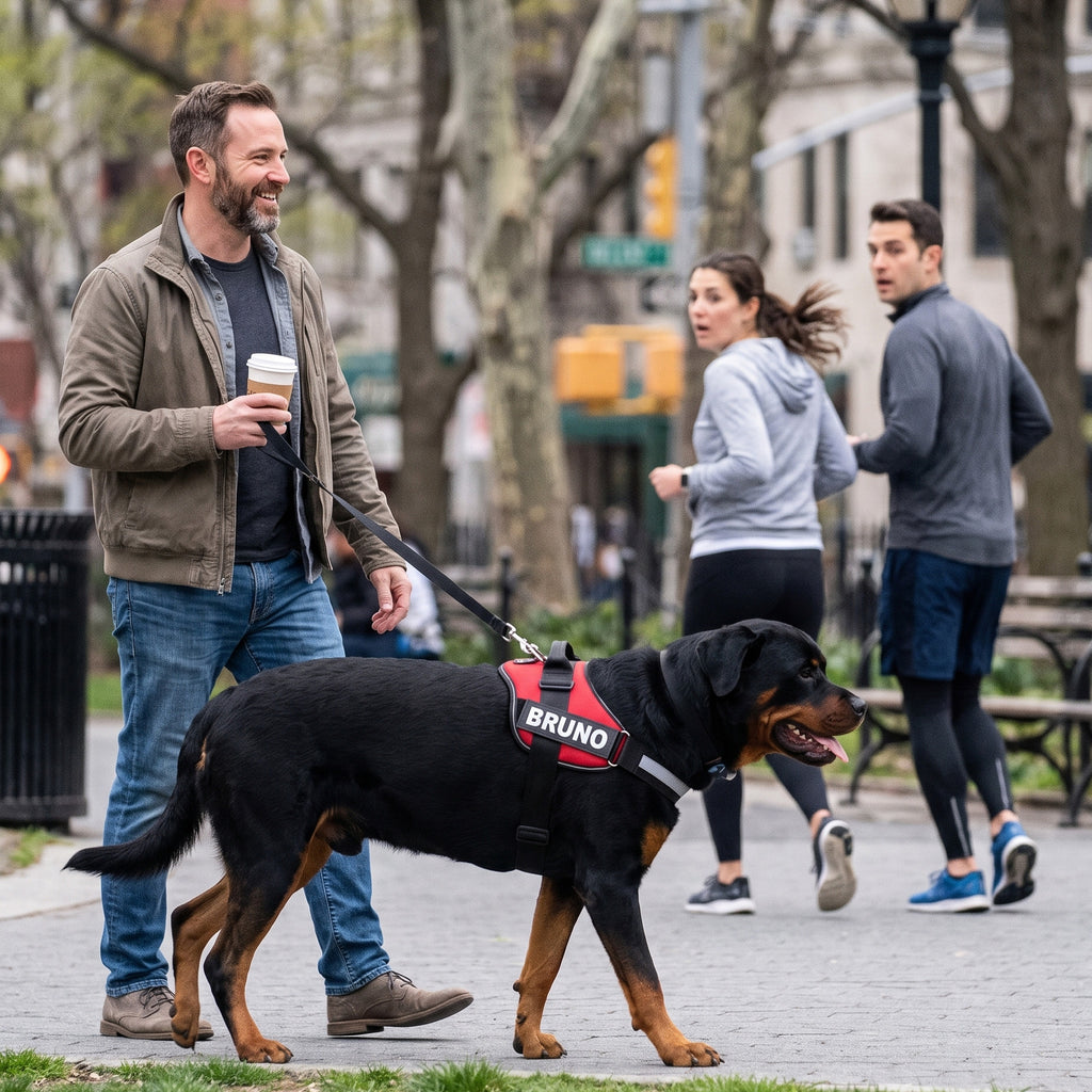 Rottweiler walking calmly in the red Choke-Free Harness with BRUNO name patch