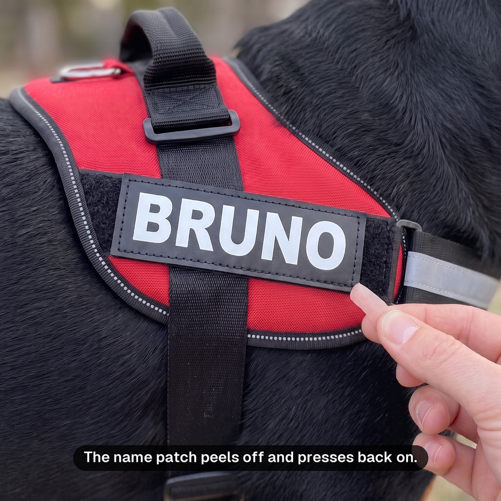 Fingers lifting the BRUNO name patch off its hook-and-loop panel: the patch peels off and presses back on
