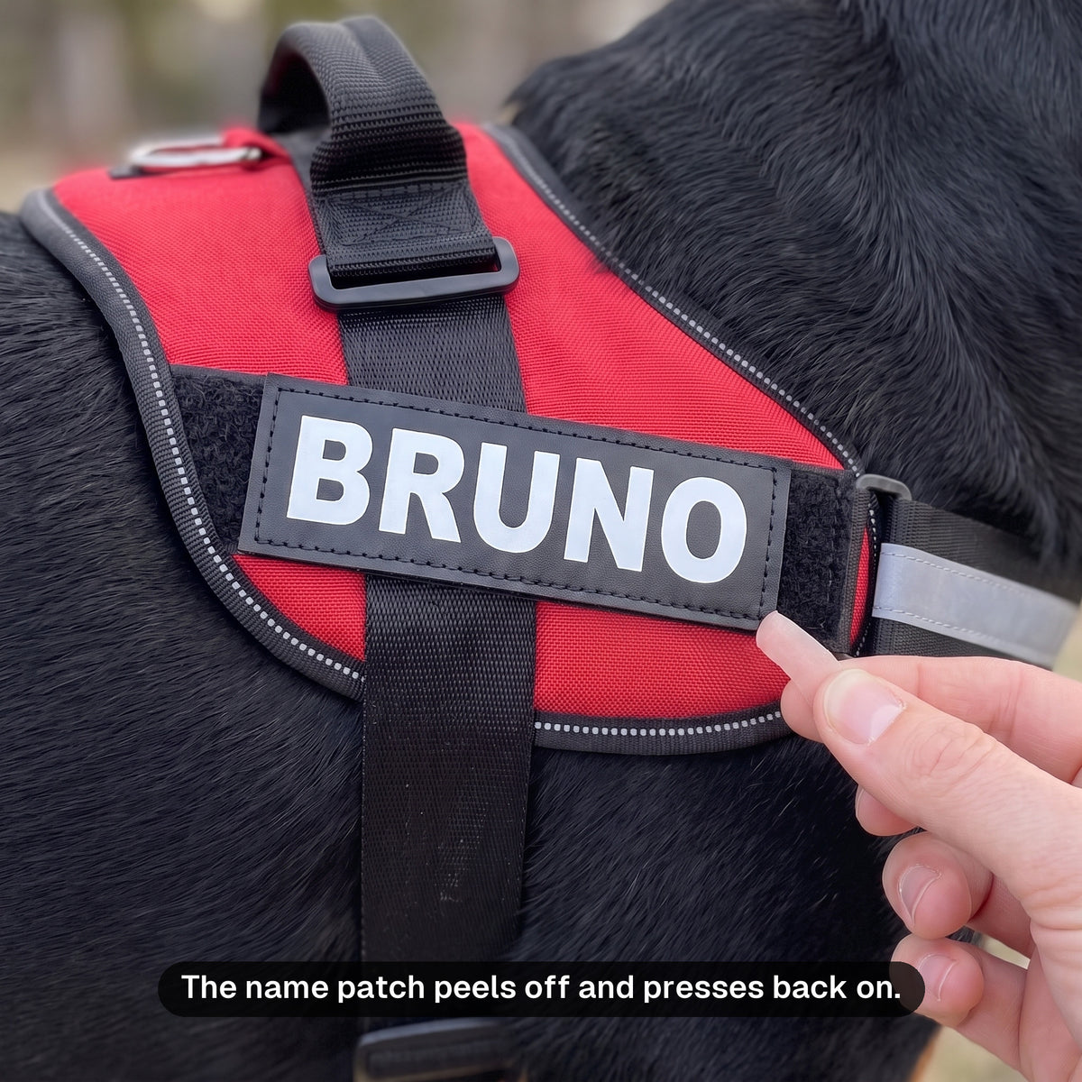 Fingers lifting the BRUNO name patch off its hook-and-loop panel: the patch peels off and presses back on